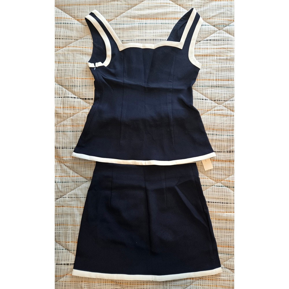 Commense Navy White Contrast Trim 2 Piece Skirt Set Square Neck Sleeveless Small - Picture 2 of 4